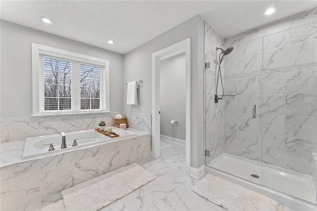 107 Valley View Dr, Brighton Twp, PA 15009 - bathroom with marble look tile flooring, a garden tub, a marble finish shower, and recessed lighting