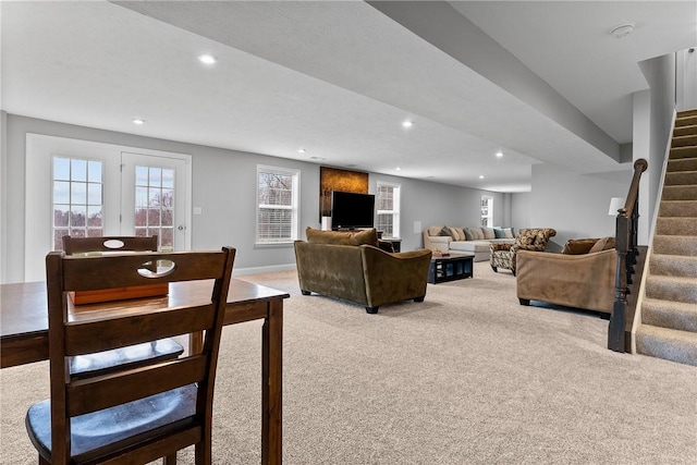 107 Valley View Dr, Brighton Twp, PA 15009 - living room with carpet flooring, stairs, recessed lighting, and healthy amount of natural light