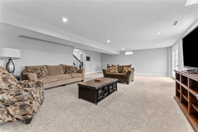 107 Valley View Dr, Brighton Twp, PA 15009 - carpeted living room with stairs and recessed lighting