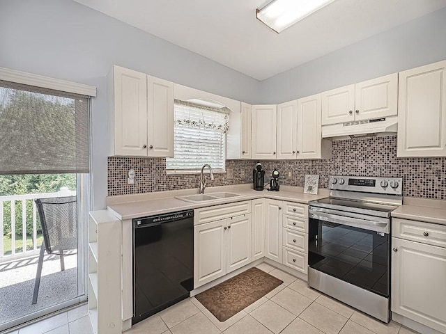 25 Elena Ave Unit 25, Lower Burrell, PA 15068 - kitchen with stainless steel electric range, under cabinet range hood, black dishwasher, light countertops, and tasteful backsplash