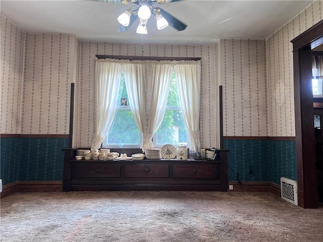 1613 E Washington St, New Castle, PA 16101 - empty room with wallpapered walls, carpet, and a ceiling fan
