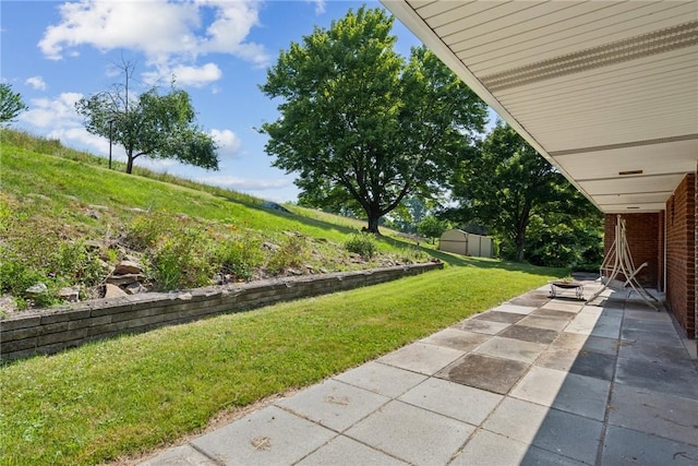 359 Meadow Spring Rd, Unity Twp, PA 15650 - view of grassy yard featuring a patio and a shed