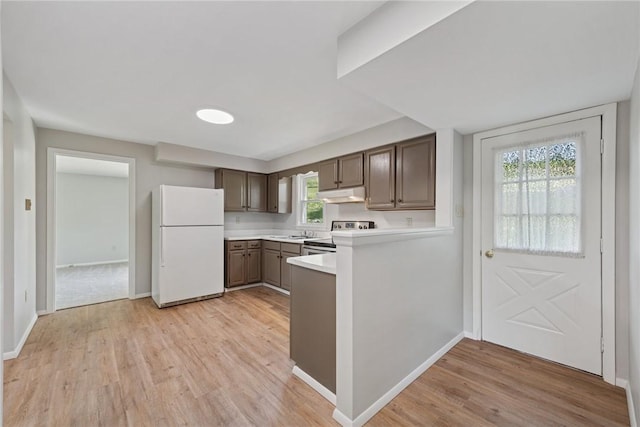 359 Meadow Spring Rd, Unity Twp, PA 15650 - kitchen with freestanding refrigerator, under cabinet range hood, electric stove, and light wood-type flooring