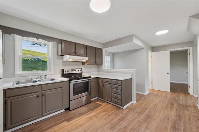 359 Meadow Spring Rd, Unity Twp, PA 15650 - kitchen featuring stainless steel range with electric cooktop, under cabinet range hood, a peninsula, gray cabinets, and light countertops