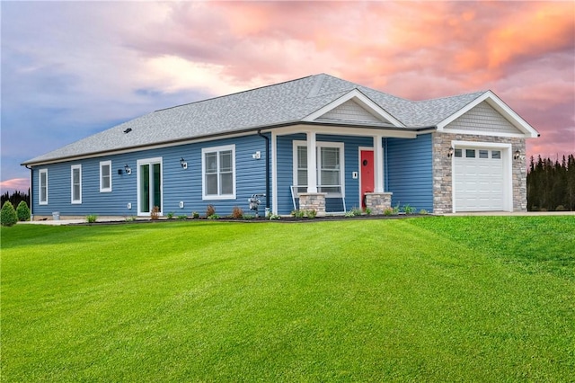 1053 Beaner Hollow Rd, Brighton Twp, PA 15009 - view of front of home featuring a garage, a front lawn, covered porch, and a shingled roof