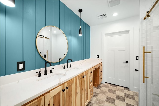 1053 Beaner Hollow Rd, Brighton Twp, PA 15009 - full bath with tile patterned floors, double vanity, and a shower with door