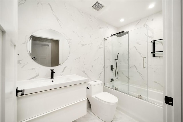 1053 Beaner Hollow Rd, Brighton Twp, PA 15009 - bathroom featuring vanity, shower / bath combination with glass door, tile walls, and marble finish flooring
