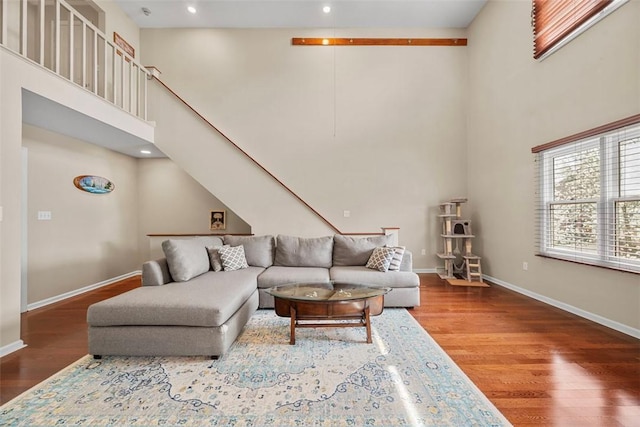 121 Fairway Landings Dr, Cecil, PA 15317 - living room featuring a high ceiling, wood finished floors, and recessed lighting