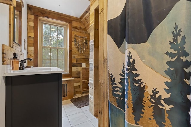 1045 Beverly Ave, Ambridge, PA 15003 - bathroom featuring vanity, wood walls, and tile patterned flooring