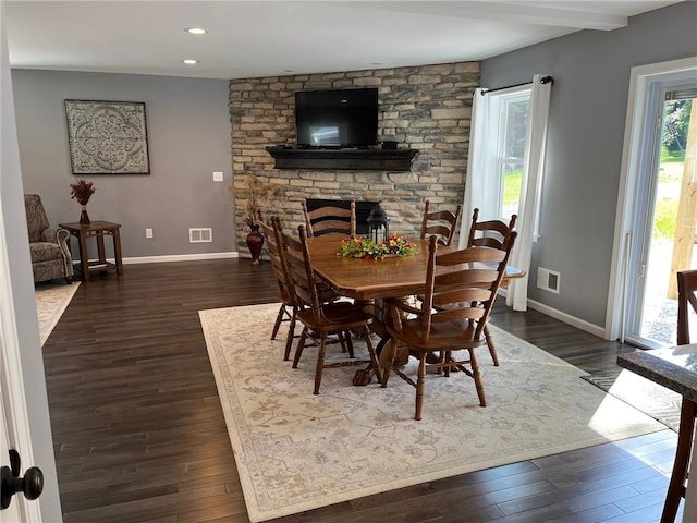 4689 Greenwood Dr, Hampton, PA 15101 - dining space with dark wood-style floors, a fireplace, and recessed lighting