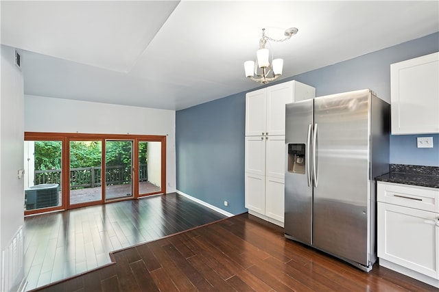 1152 Pennsbury Blvd, Pennsbury, PA 15205 - kitchen with stainless steel refrigerator with ice dispenser, dark stone counters, white cabinetry, and dark wood-style flooring
