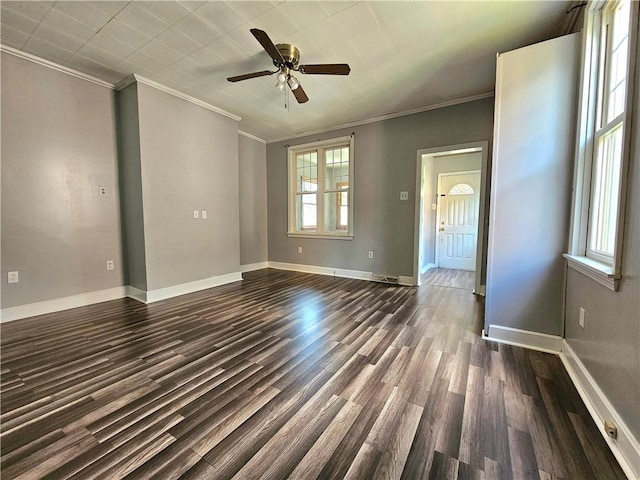 1908 6th Ave, Beaver Falls, PA 15010 - empty room with ornamental molding, dark wood finished floors, and ceiling fan