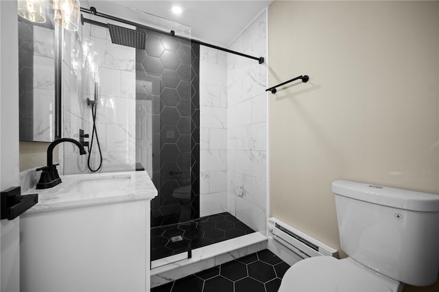 1317 Indiana Ave, Monaca, PA 15061 - bathroom featuring a baseboard radiator, vanity, tile patterned flooring, a shower stall, and recessed lighting