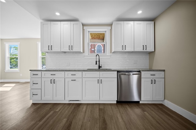 1317 Indiana Ave, Monaca, PA 15061 - kitchen featuring dishwasher, dark wood-style floors, light stone countertops, backsplash, and recessed lighting
