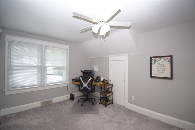 321 Hansen Ave, Franklin Twp, PA 16117 - home office with carpet flooring, a ceiling fan, and vaulted ceiling