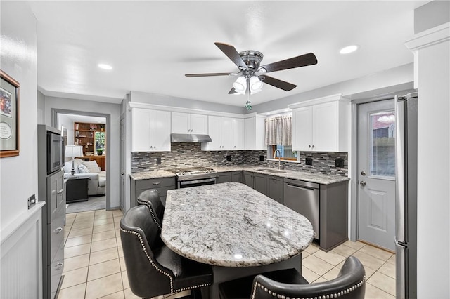 1615 Wicklines Ln, Troy Hill, PA 15212 - kitchen with stainless steel appliances, under cabinet range hood, ceiling fan, backsplash, and light tile patterned floors