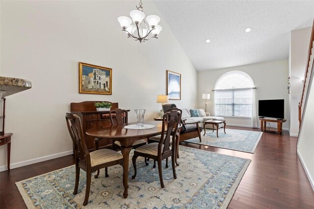 304 Horizon Dr, Monroeville, PA 15146 - dining area featuring wood finished floors, a chandelier, high vaulted ceiling, and recessed lighting