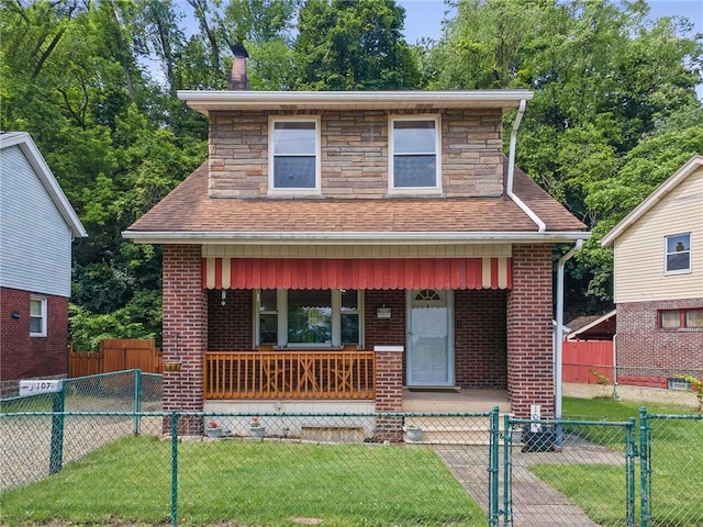 107 Imogene Rd, Greenfield, PA 15217 - view of front of home with covered porch, a gate, a chimney, a fenced front yard, and stone siding