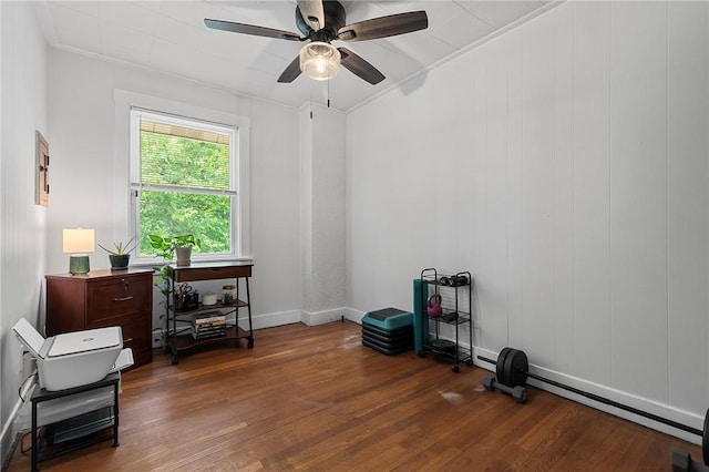 107 Imogene Rd, Greenfield, PA 15217 - office area with hardwood / wood-style floors, a ceiling fan, and a baseboard radiator
