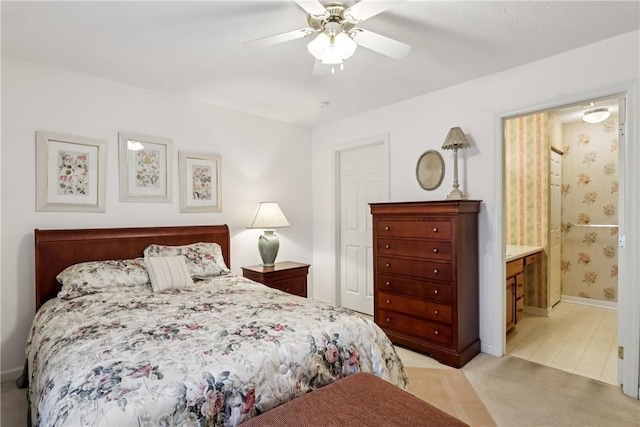 166 Steeplechase Cir, West Deer, PA 15044 - bedroom featuring light carpet, connected bathroom, and a ceiling fan