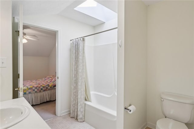 166 Steeplechase Cir, West Deer, PA 15044 - full bathroom featuring vaulted ceiling, a skylight, shower / bathtub combination with curtain, vanity, and a ceiling fan