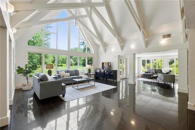 143 N Dr, Fox Chapel, PA 15238 - living room featuring high vaulted ceiling, beamed ceiling, and granite floors