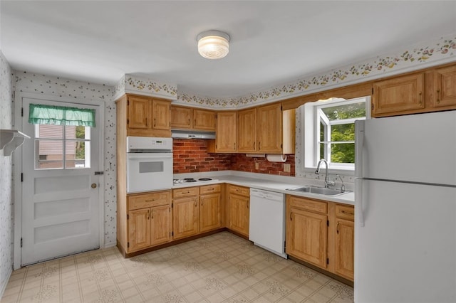 1449 Parkview Dr, Mccandless, PA 15101 - kitchen with white appliances, under cabinet range hood, light countertops, and light flooring