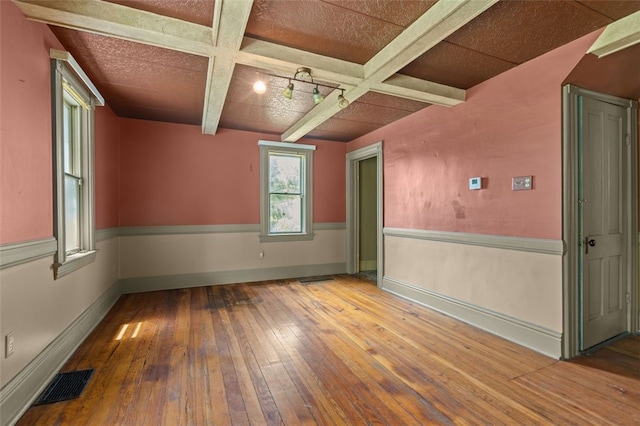 1345 N Tower Rd, Perry Twp, PA 16123 - empty room featuring hardwood / wood-style flooring, beamed ceiling, and coffered ceiling