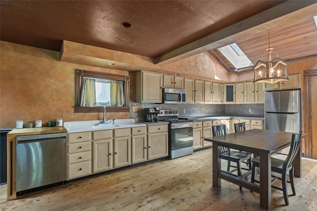 1345 N Tower Rd, Perry Twp, PA 16123 - kitchen featuring appliances with stainless steel finishes, a chandelier, lofted ceiling, light wood-type flooring, and decorative backsplash