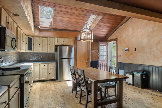 1345 N Tower Rd, Perry Twp, PA 16123 - kitchen featuring stainless steel appliances, wooden ceiling, a skylight, light wood-style floors, and wainscoting