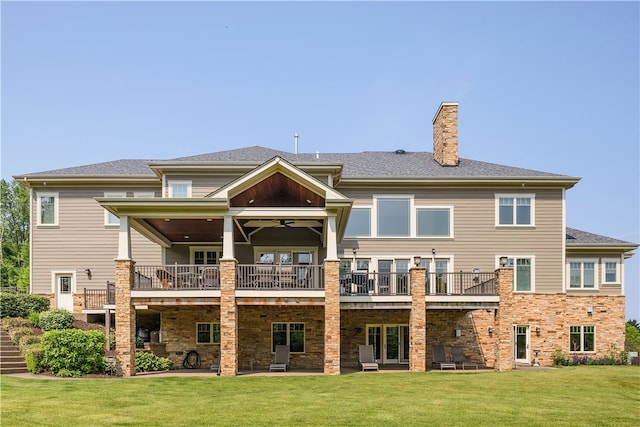 106 Orchard Dr, Pine Twp, PA 15044 - back of property featuring ceiling fan, a chimney, a lawn, and a deck