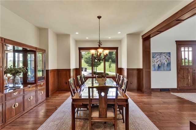 106 Orchard Dr, Pine Twp, PA 15044 - dining area with a chandelier, dark wood-type flooring, wainscoting, plenty of natural light, and recessed lighting