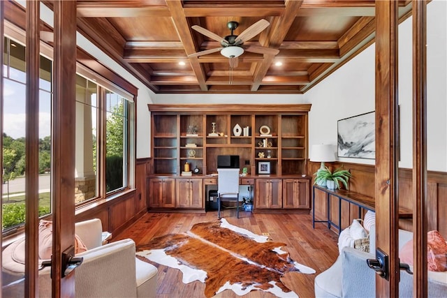 106 Orchard Dr, Pine Twp, PA 15044 - office area with ceiling fan, wood-type flooring, wainscoting, a wood ceiling with exposed beams, and built in study area