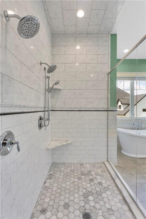 106 Orchard Dr, Pine Twp, PA 15044 - full bath with a tile shower, tile walls, a freestanding tub, and recessed lighting