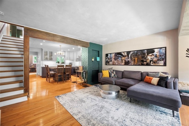5671 Beacon St, Squirrel Hill, PA 15217 - living room featuring light wood-type flooring, stairway, beamed ceiling, and recessed lighting