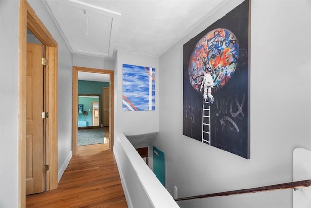 5671 Beacon St, Squirrel Hill, PA 15217 - corridor featuring attic access, wood finished floors, and an upstairs landing