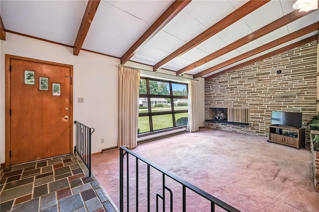 469 Koonce Rd, Hermitage, PA 16148 - unfurnished living room featuring carpet floors and brick wall