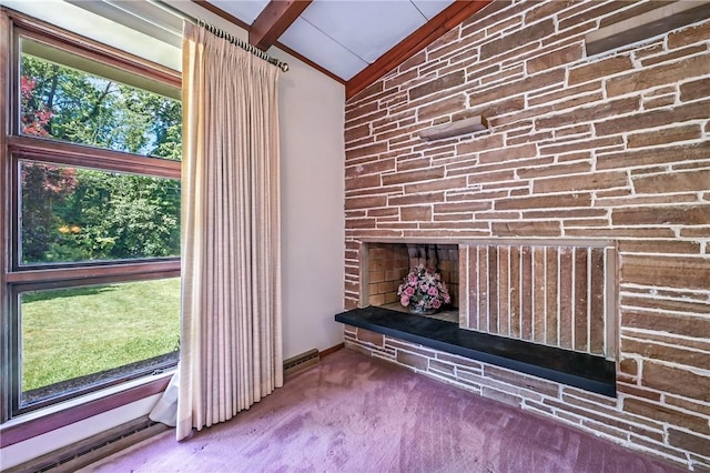 469 Koonce Rd, Hermitage, PA 16148 - detailed view of beam ceiling, a fireplace, and carpet floors