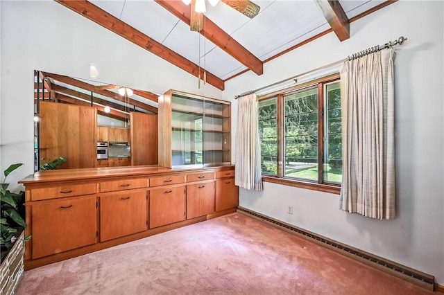 469 Koonce Rd, Hermitage, PA 16148 - kitchen featuring baseboard heating, light colored carpet, brown cabinets, ceiling fan, and stainless steel oven