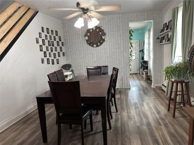 811 Cleveland Ave, Brackenridge, PA 15014 - dining area featuring wallpapered walls, a ceiling fan, an accent wall, and wood finished floors