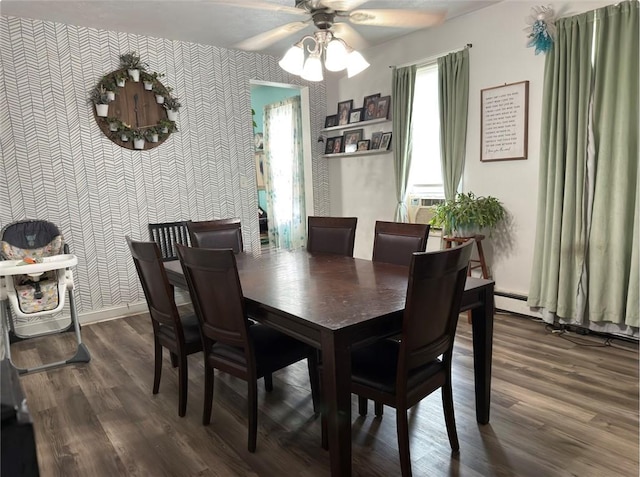 811 Cleveland Ave, Brackenridge, PA 15014 - dining space featuring wallpapered walls, a ceiling fan, wood finished floors, and cooling unit