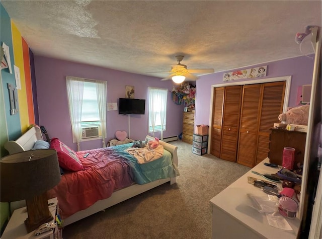 811 Cleveland Ave, Brackenridge, PA 15014 - bedroom with light carpet, a closet, cooling unit, a textured ceiling, and ceiling fan