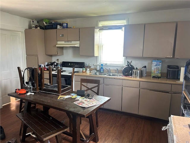 25 E Craig St, Uniontown, PA 15401 - kitchen with under cabinet range hood, white electric range, gray cabinets, and dark wood finished floors