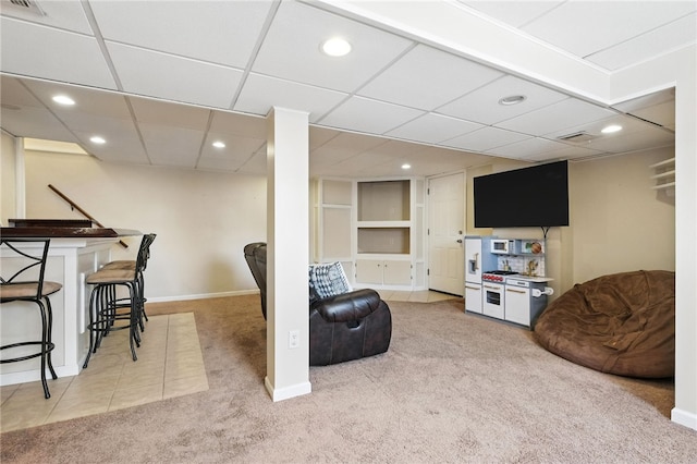 639 Blossom Dr, Baldwin Boro, PA 15236 - living room with light carpet, recessed lighting, built in features, and a drop ceiling