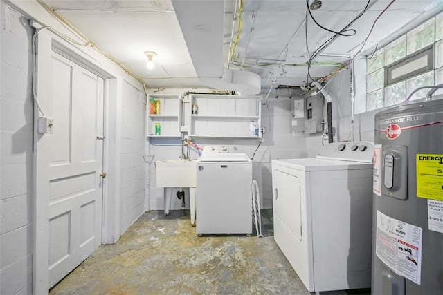 102 Clarks Ln, Adams Twp, PA 16046 - washroom featuring water heater, separate washer and dryer, electric panel, and concrete block wall