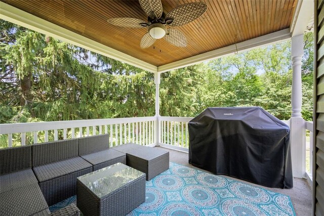 102 Clarks Ln, Adams Twp, PA 16046 - view of patio / terrace featuring grilling area, outdoor lounge area, a ceiling fan, and view of scattered trees