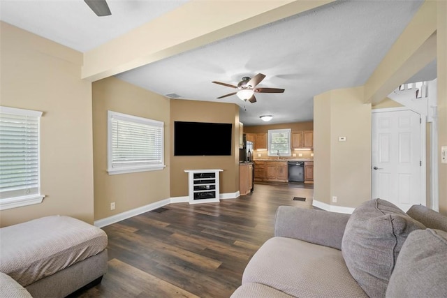102 Clarks Ln, Adams Twp, PA 16046 - living room with ceiling fan and dark wood-style floors