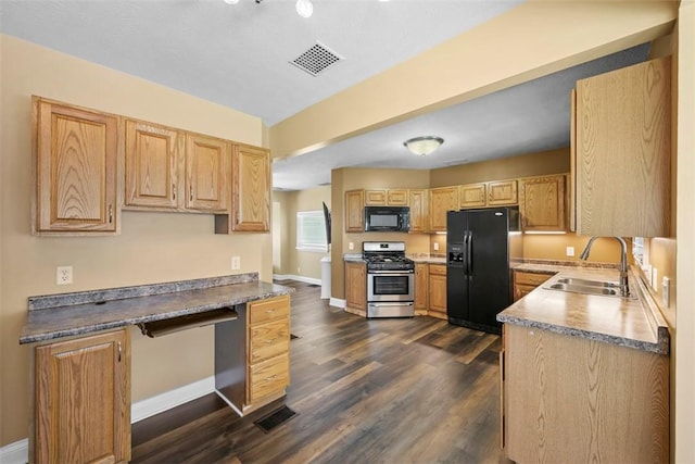 102 Clarks Ln, Adams Twp, PA 16046 - kitchen featuring black appliances, dark wood finished floors, built in study area, and light brown cabinets