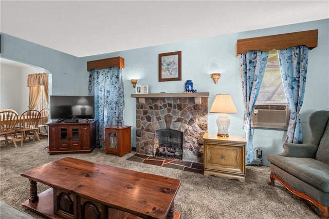 8 Harmar Dr, Cheswick, PA 15024 - carpeted living room featuring cooling unit and a stone fireplace
