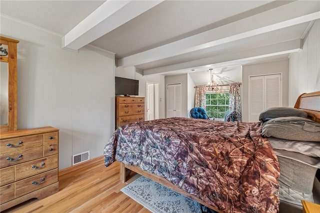 192 Glenfield Dr, Penn Hills, PA 15235 - bedroom with wood finished floors, beamed ceiling, a chandelier, and ornamental molding
